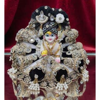 Designer Laddu Gopal Ji Dress with Pearl Tassels, Stone Work | Black Silver Deity Outfit