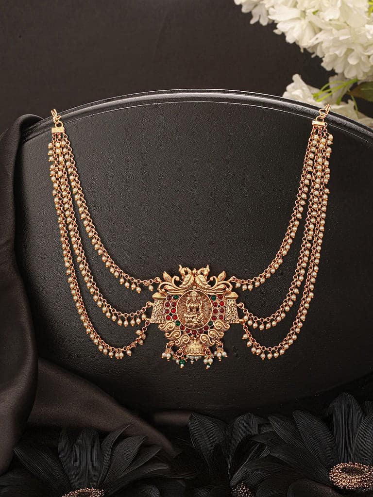 Gold Finish Red Kempo Studded Nagas Goddess Lakshmi Design Temple Jadai Billa Bridal Hair Braid Matha Patti
