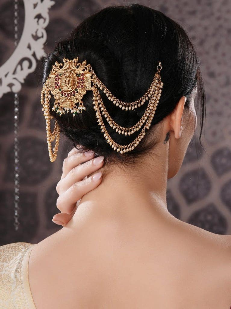 Gold Finish Red Kempo Studded Nagas Goddess Lakshmi Design Temple Jadai Billa Bridal Hair Braid Matha Patti view 2