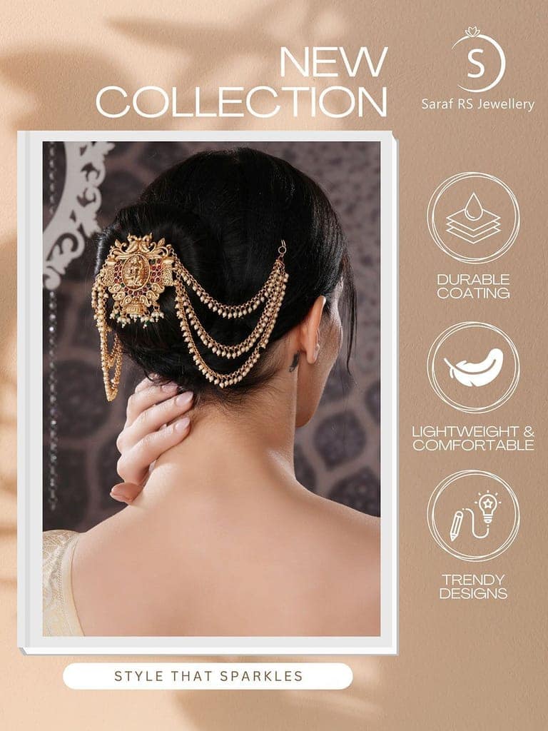 Gold Finish Red Kempo Studded Nagas Goddess Lakshmi Design Temple Jadai Billa Bridal Hair Braid Matha Patti view 3