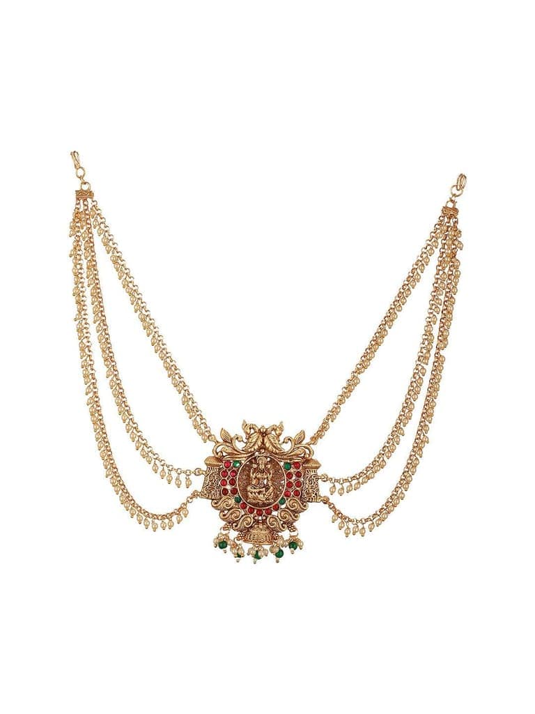 Gold Finish Red Kempo Studded Nagas Goddess Lakshmi Design Temple Jadai Billa Bridal Hair Braid Matha Patti view 4