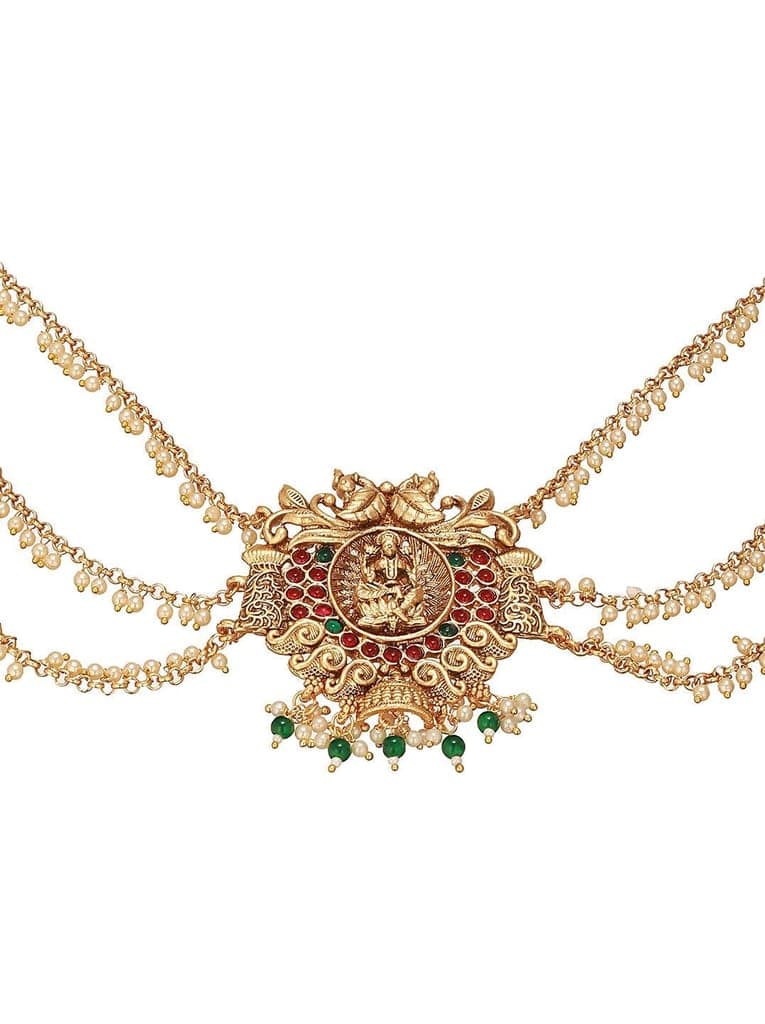 Gold Finish Red Kempo Studded Nagas Goddess Lakshmi Design Temple Jadai Billa Bridal Hair Braid Matha Patti view 5