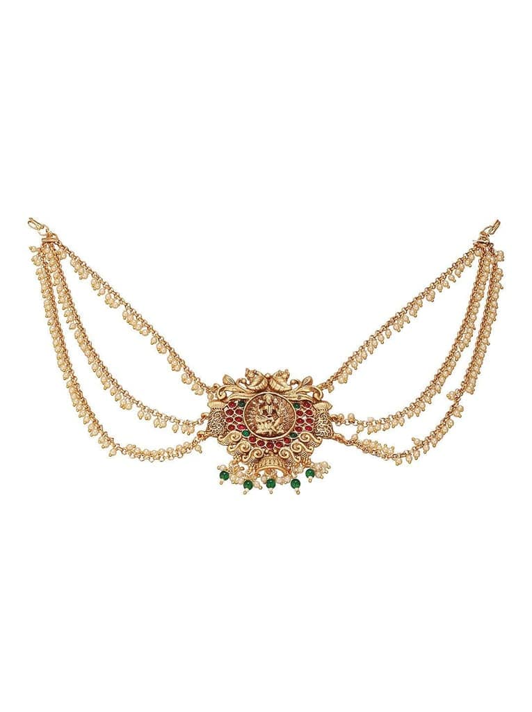 Gold Finish Red Kempo Studded Nagas Goddess Lakshmi Design Temple Jadai Billa Bridal Hair Braid Matha Patti view 6
