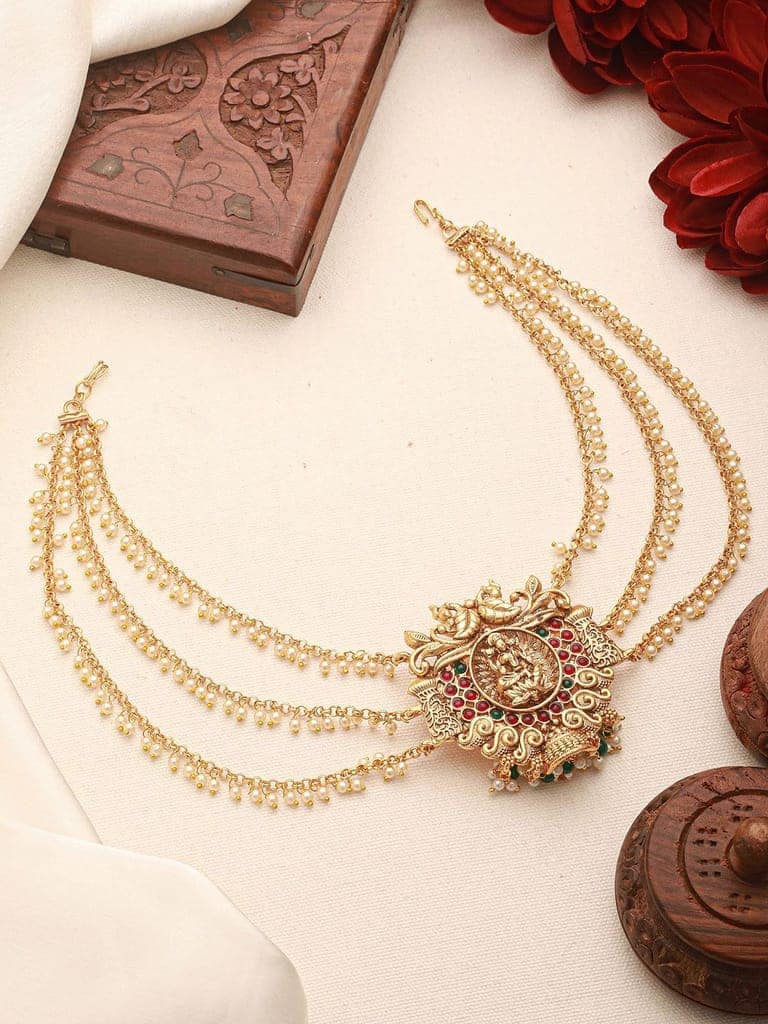 Gold Finish Red Kempo Studded Nagas Goddess Lakshmi Design Temple Jadai Billa Bridal Hair Braid Matha Patti view 7