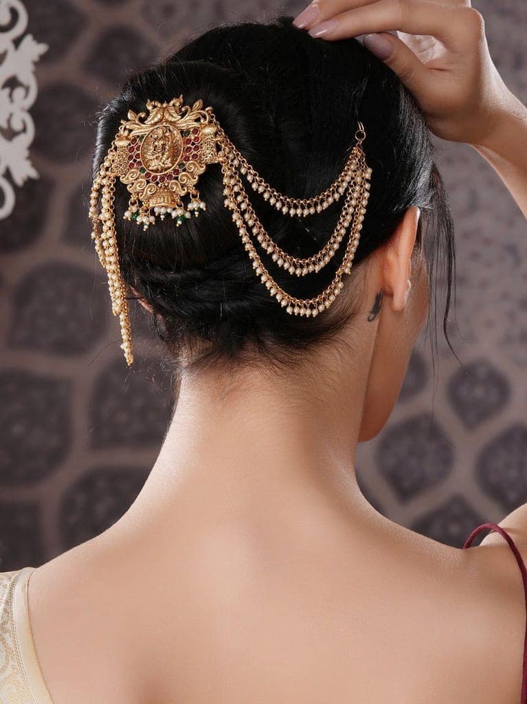 Gold Finish Red Kempo Studded Nagas Goddess Lakshmi Design Temple Jadai Billa Bridal Hair Braid Matha Patti view 8