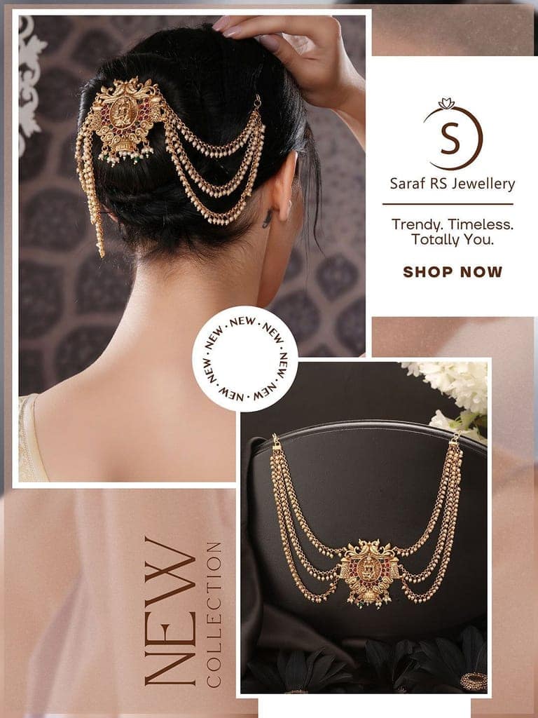 Gold Finish Red Kempo Studded Nagas Goddess Lakshmi Design Temple Jadai Billa Bridal Hair Braid Matha Patti view 9