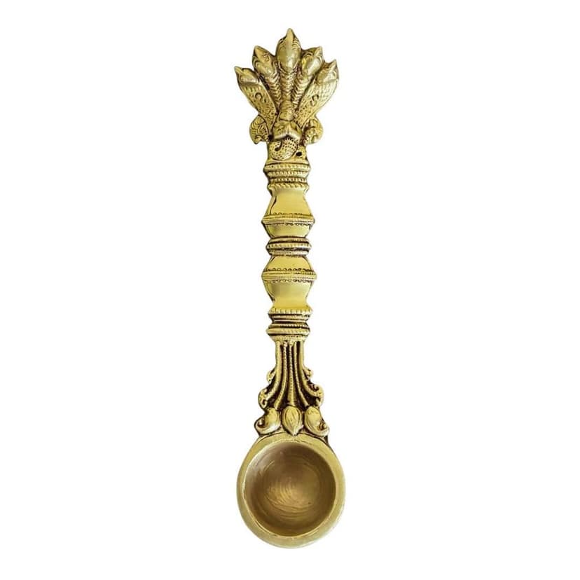 Sukh Sehaj Sheshnaag Brass Achmani (Puja Spoon) | Palli | Handcrafted, Antique Yellow Finish, 8.0 Inch Length, for Home Temple, Decor, Pooja Ritual and Gifting view 2