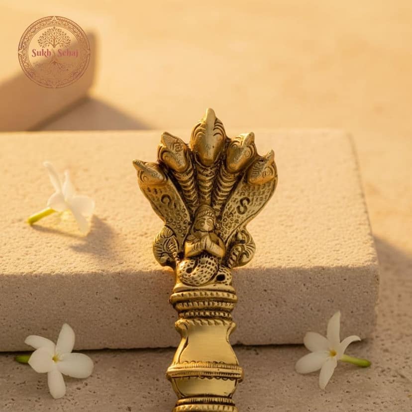 Sukh Sehaj Sheshnaag Brass Achmani (Puja Spoon) | Palli | Handcrafted, Antique Yellow Finish, 8.0 Inch Length, for Home Temple, Decor, Pooja Ritual and Gifting view 4