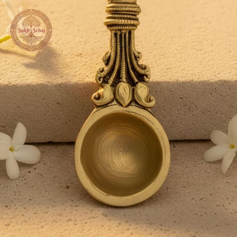 Sukh Sehaj Sheshnaag Brass Achmani (Puja Spoon) | Palli | Handcrafted, Antique Yellow Finish, 8.0 Inch Length, for Home Temple, Decor, Pooja Ritual and Gifting view 5