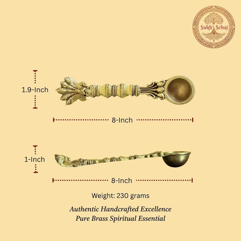 Sukh Sehaj Sheshnaag Brass Achmani (Puja Spoon) | Palli | Handcrafted, Antique Yellow Finish, 8.0 Inch Length, for Home Temple, Decor, Pooja Ritual and Gifting view 7