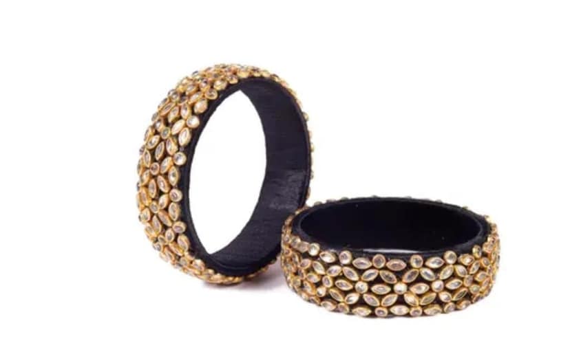 Black Silk Thread Bangle Set with Kundan Stones for Women view 2