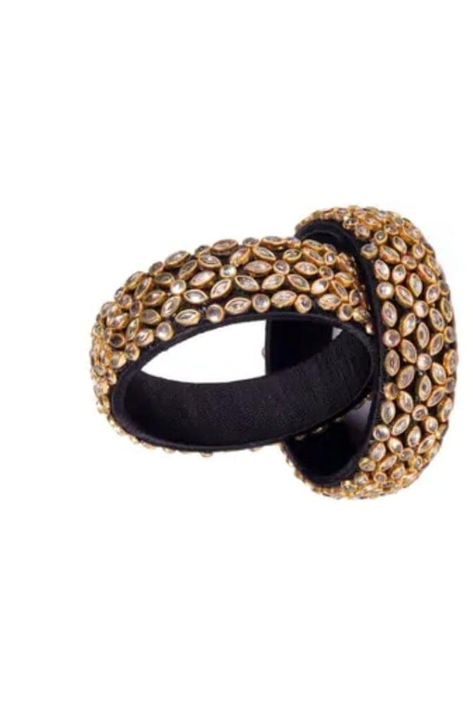 Black Silk Thread Bangle Set with Kundan Stones for Women view 3