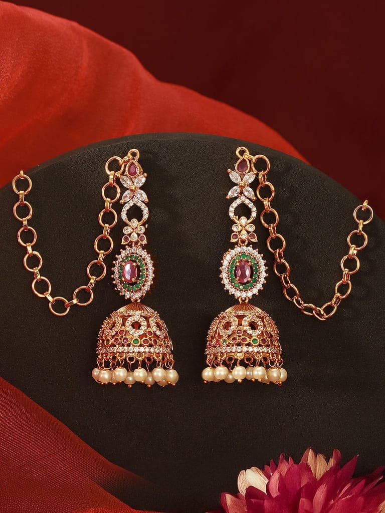 Antique Gold Plated Ruby Red Zircon AD Studded With Matil Earchain Earrings