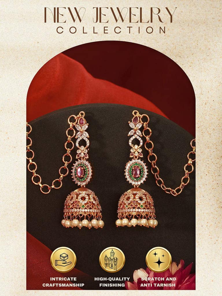 Antique Gold Plated Ruby Red Zircon AD Studded With Matil Earchain Earrings view 2