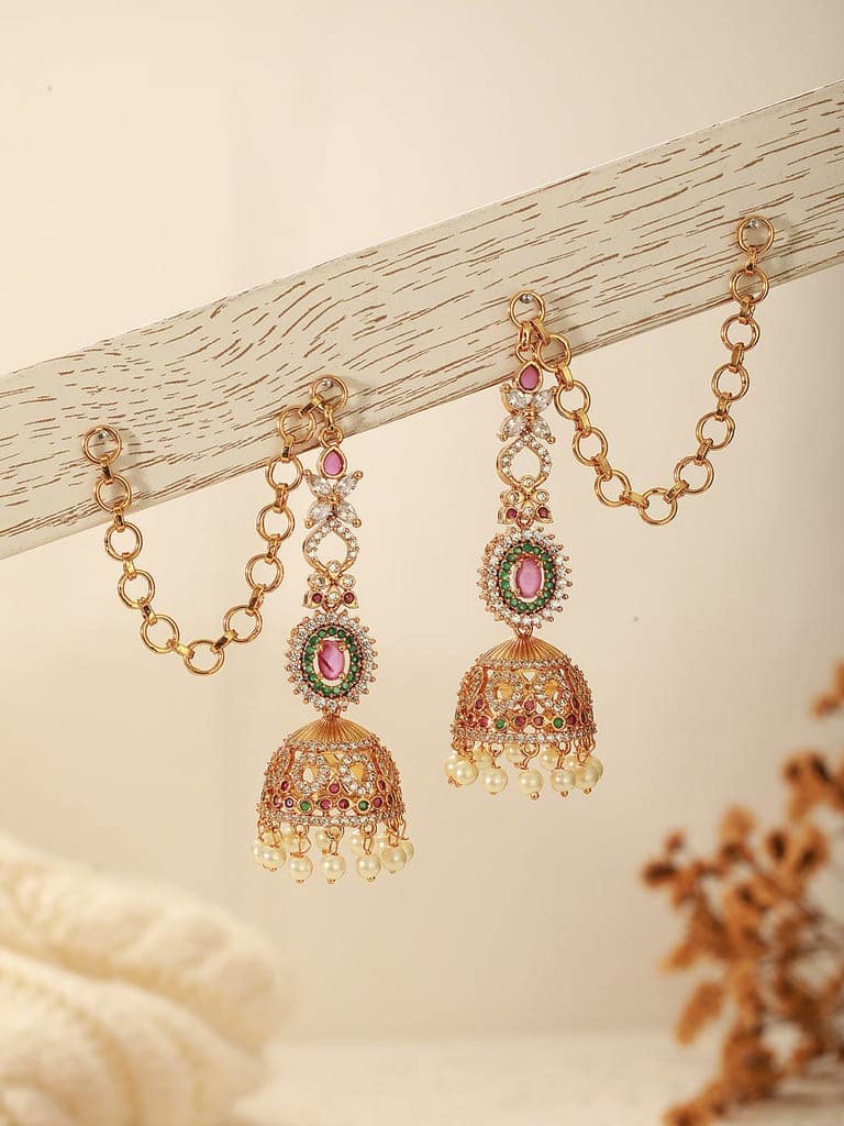 Antique Gold Plated Ruby Red Zircon AD Studded With Matil Earchain Earrings view 3