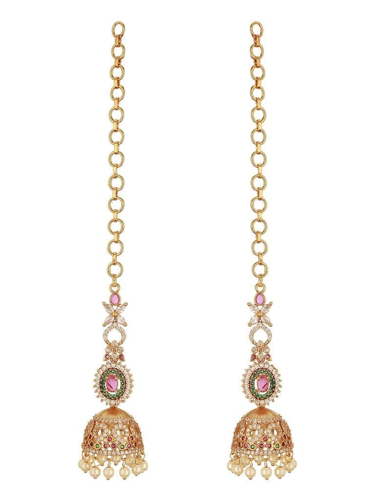 Antique Gold Plated Ruby Red Zircon AD Studded With Matil Earchain Earrings view 4