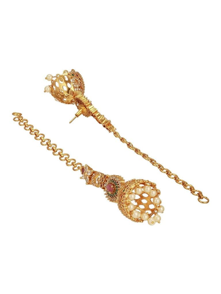 Antique Gold Plated Ruby Red Zircon AD Studded With Matil Earchain Earrings view 5