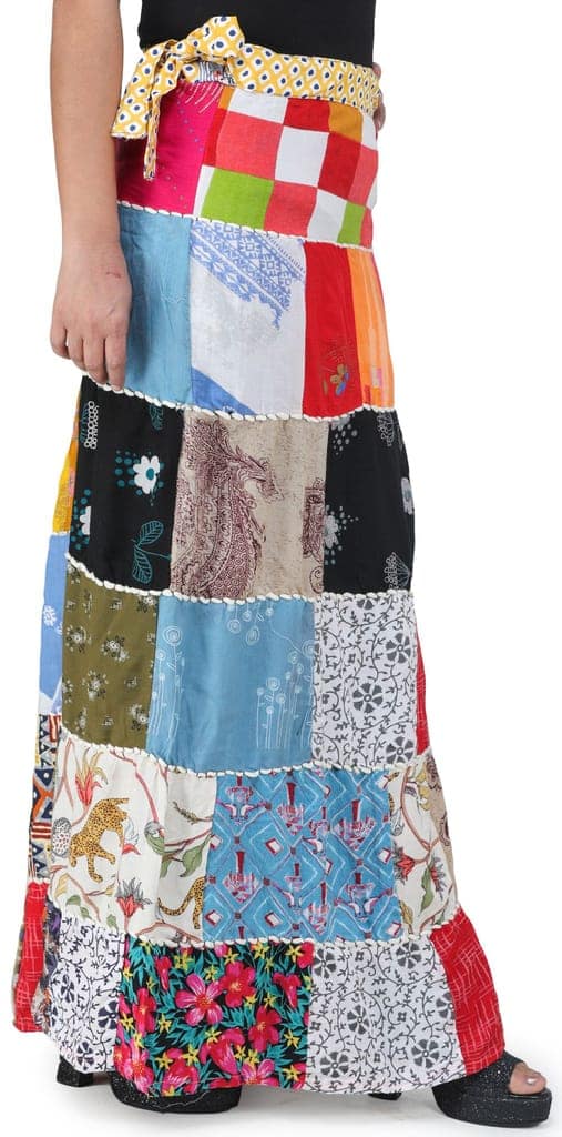 Solitary-Star Printed Long Boho Wrap-On Long Skirt from Gujarat with Patch Work view 2
