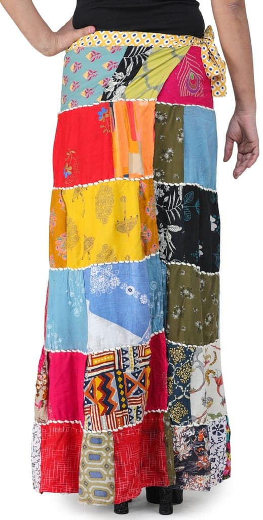 Solitary-Star Printed Long Boho Wrap-On Long Skirt from Gujarat with Patch Work view 4