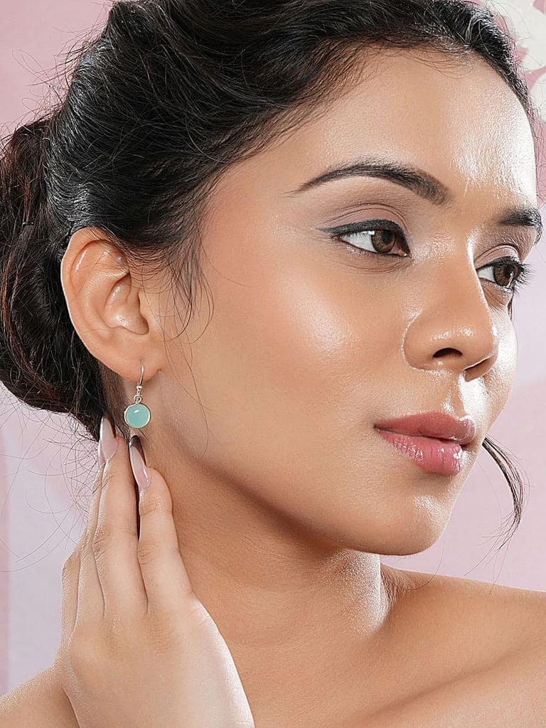 925 Sterling Silver Mint Green Aqua Stone Studded Minimal Handcrafted Drop Earrings view 2