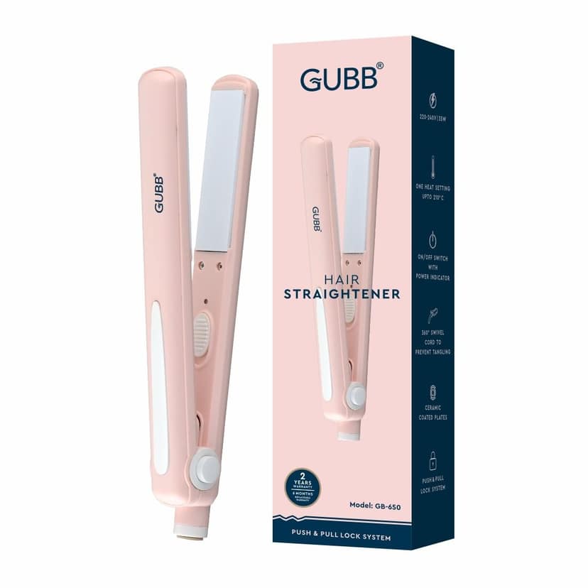 Gubb 35W Hair Straightener (Pink) With Push And Pull Lock System, Ceramic Coated Plates, 360 Swivel Cord to Prevent Tangling
