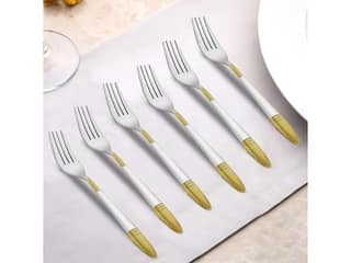 Parage 6 Pieces Stainless Steel 24k Golden Dinner Forks Set, 16 cm Premium Cutlery Set for Home & Kitchen,24 Karat Gold Plated Forks, Ivory Design