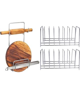 JISUN Stainless Steel Plate Stand / Dish Rack Steel (Pack of 2) & Chakla Belan Stand For Kitchen