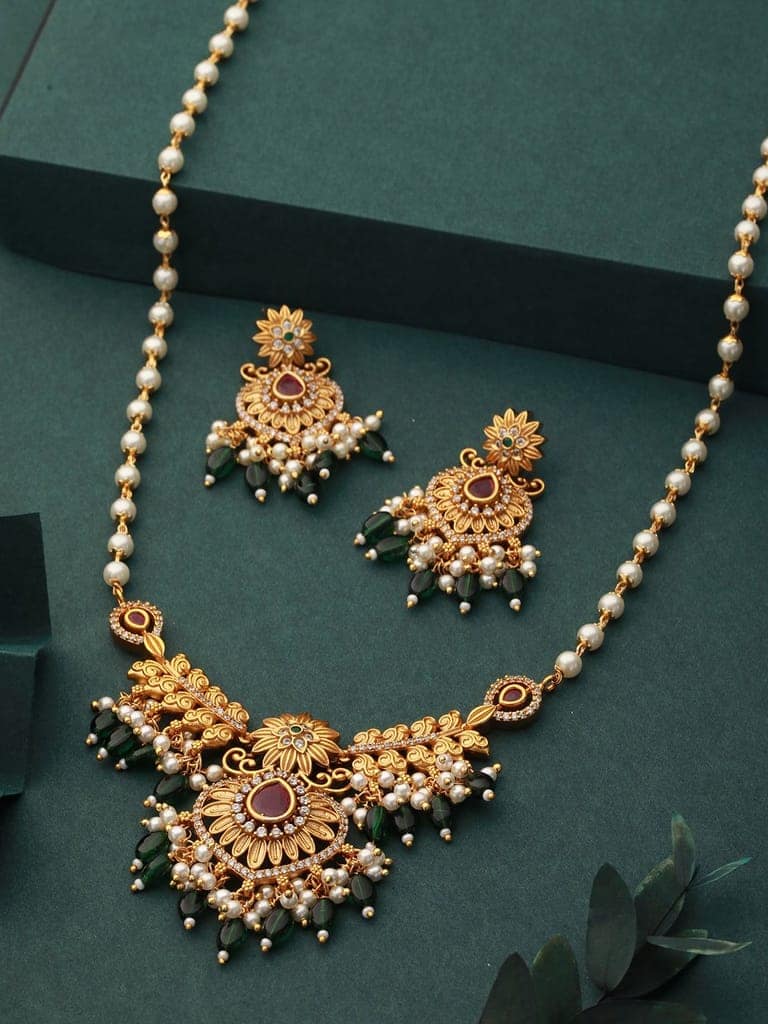 Gold Toned Pearl Mala Peacock Haram Necklace Jewellery Set view 2