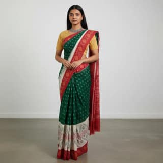 Pochampally Ikat Handloom Cotton Saree in Dark Teal Green and Red