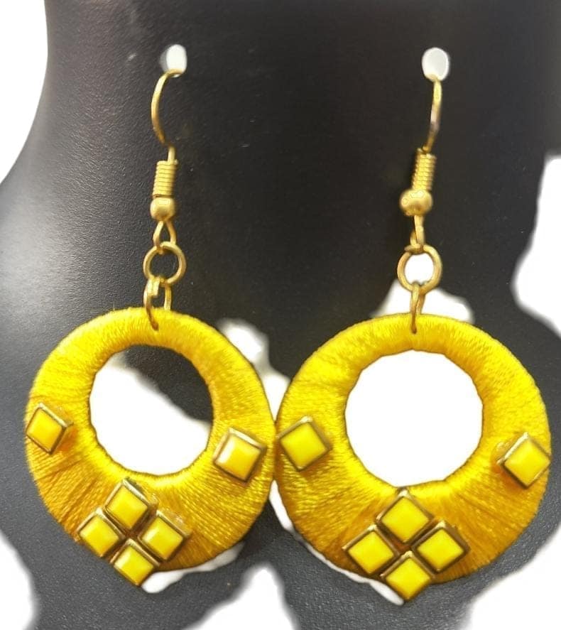 Yellow Silk Thread Hoop Earrings with Rhinestones view 2