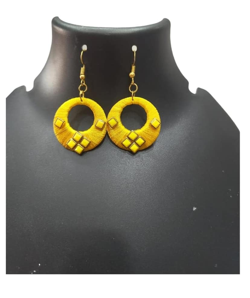 Yellow Silk Thread Hoop Earrings with Rhinestones view 3