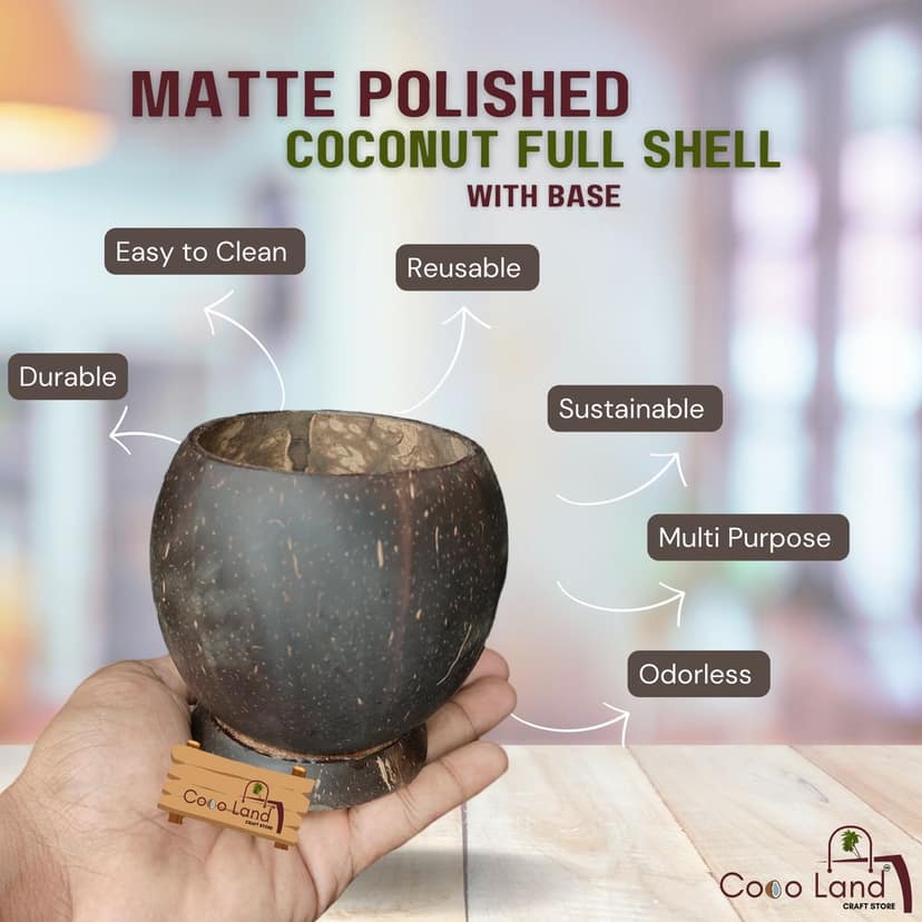 Coco Land Matte Polished Full Coconut Shell Bowl With base (MEDIUM SIZE )(8-10 CM Diameter) 300 ml Decorative Bowl /Handi Craft /Craft Making /Art Shell view 2