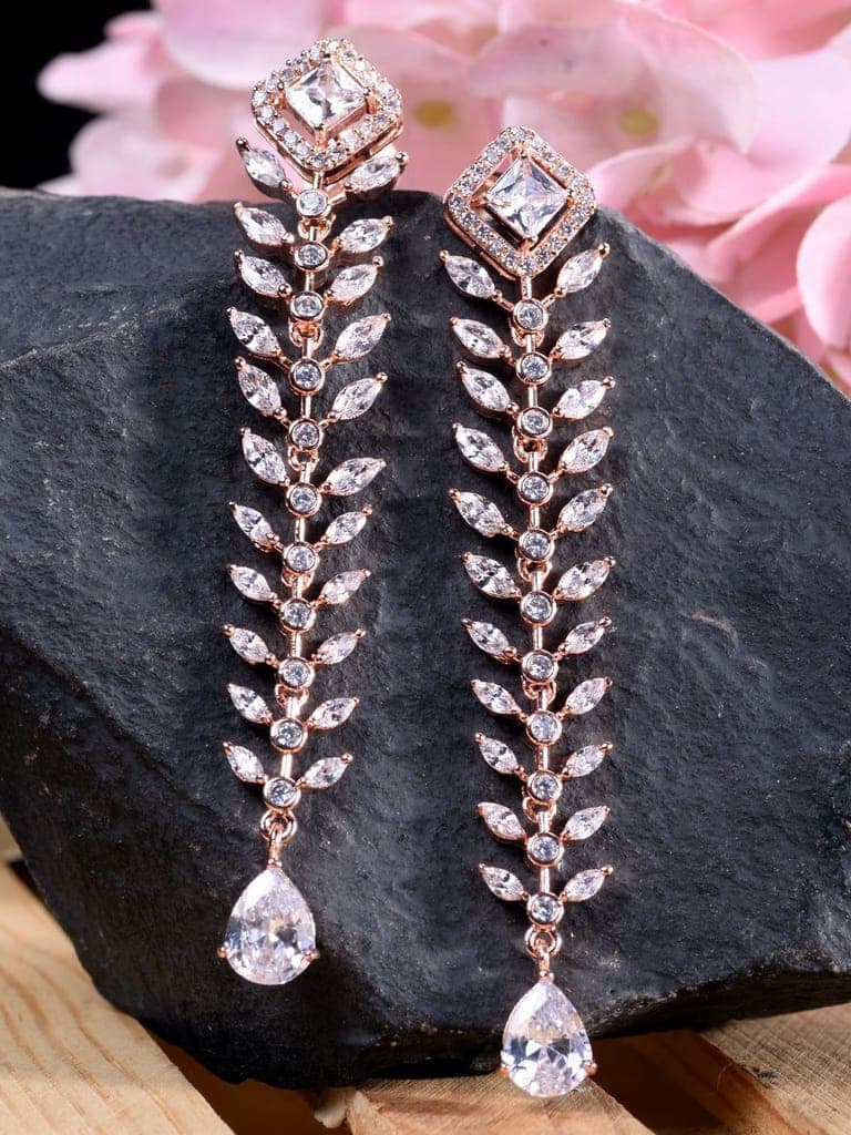 Rose Gold Plated White AD Encrusted Feather Design Earings view 2