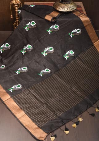 Black Silk Linen Moti Nath Embroidery and Woven zari Borders and Long Tassels