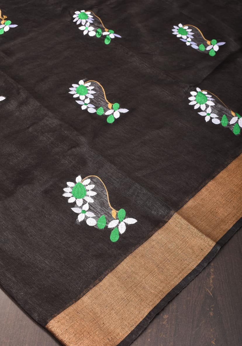 Black Silk Linen Moti Nath Embroidery and Woven zari Borders and Long Tassels view 3