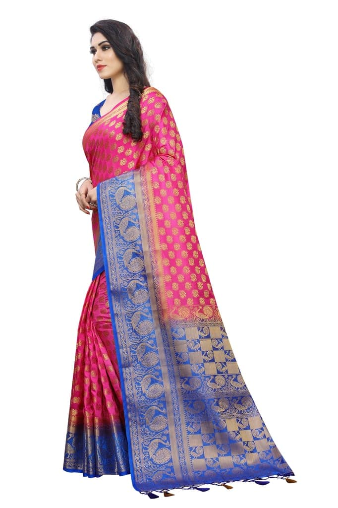 Saarah Self Design Kanjivaram Art Silk Saree (Pink) view 2