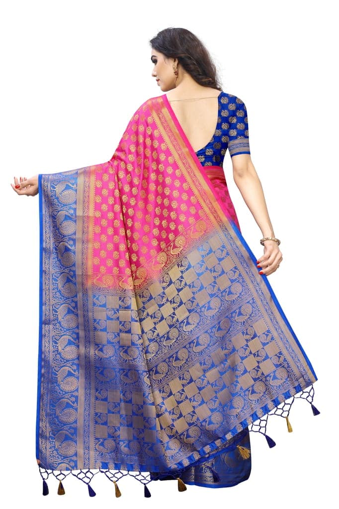 Saarah Self Design Kanjivaram Art Silk Saree (Pink) view 3