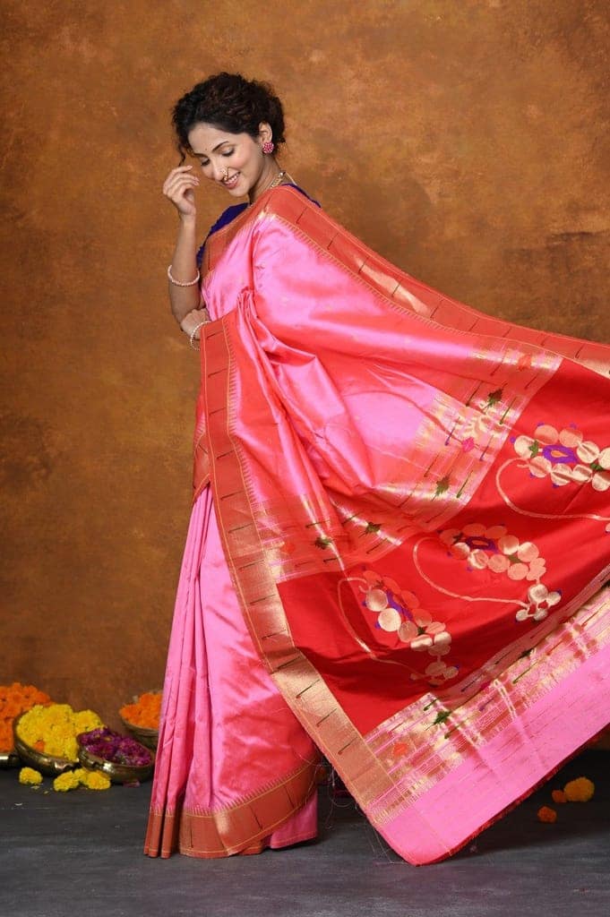 Exclusive Designed By VMI~Handloom Pure Silk Muniya Border Saree With Classy Nath Pallu ~ Firozi Pink