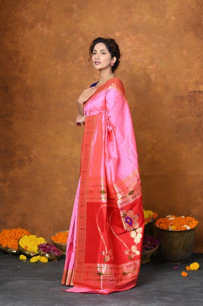 Exclusive Designed By VMI~Handloom Pure Silk Muniya Border Saree With Classy Nath Pallu ~ Firozi Pink view 2