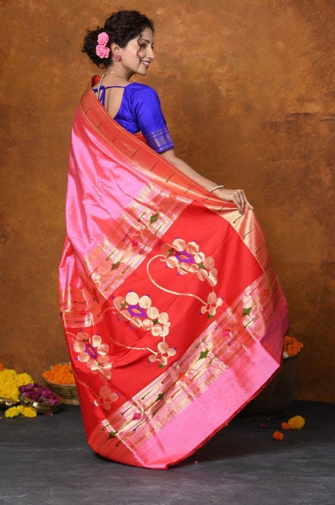 Exclusive Designed By VMI~Handloom Pure Silk Muniya Border Saree With Classy Nath Pallu ~ Firozi Pink view 3