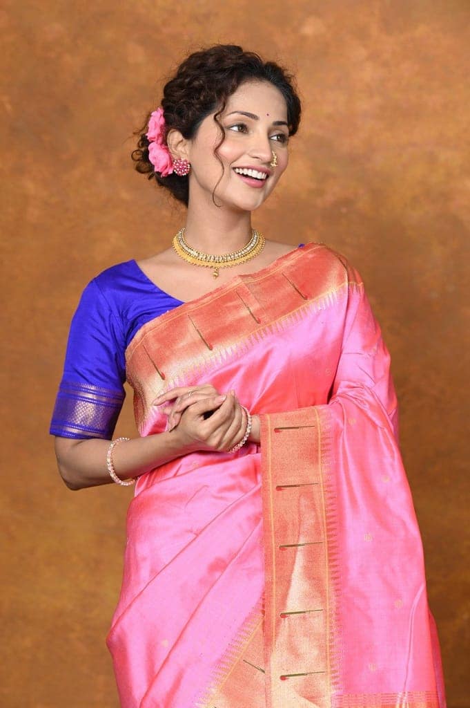 Exclusive Designed By VMI~Handloom Pure Silk Muniya Border Saree With Classy Nath Pallu ~ Firozi Pink view 4