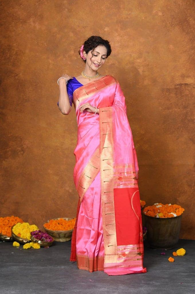 Exclusive Designed By VMI~Handloom Pure Silk Muniya Border Saree With Classy Nath Pallu ~ Firozi Pink view 5