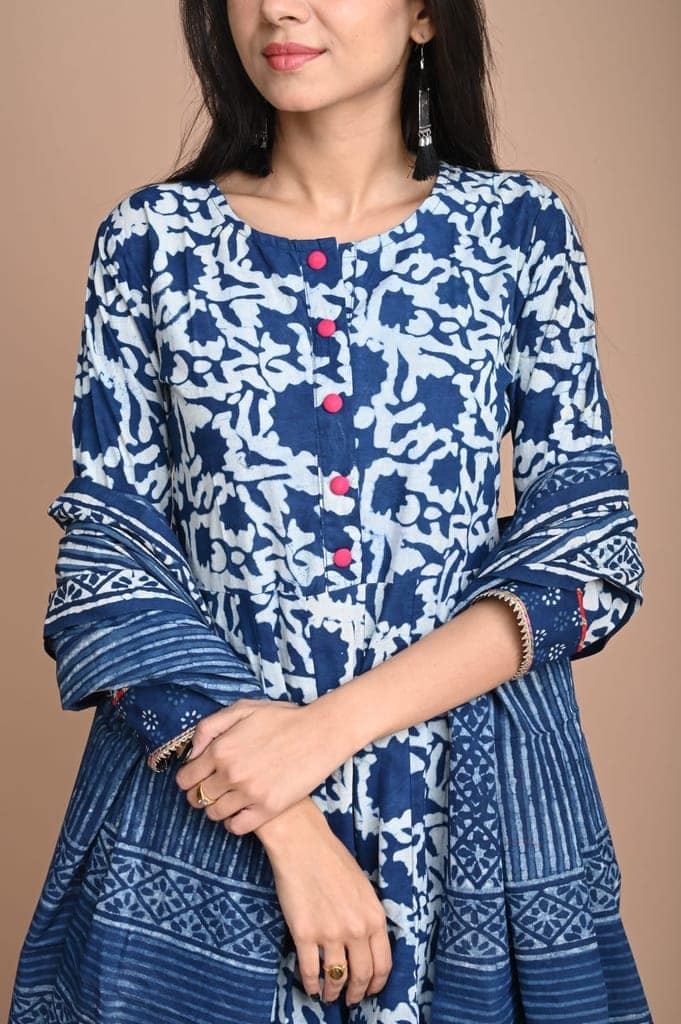 Anarkali Kurti Set Bagru Dabu HandBlock Print Dark Cornflower Blue Color with natural dye and Mulmul Dupatta(Size: 34-48)-5857 view 2