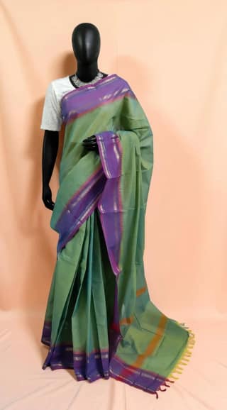 Sea Green Kanchipuram Cotton-Silk Handloom Saree with Woven Border