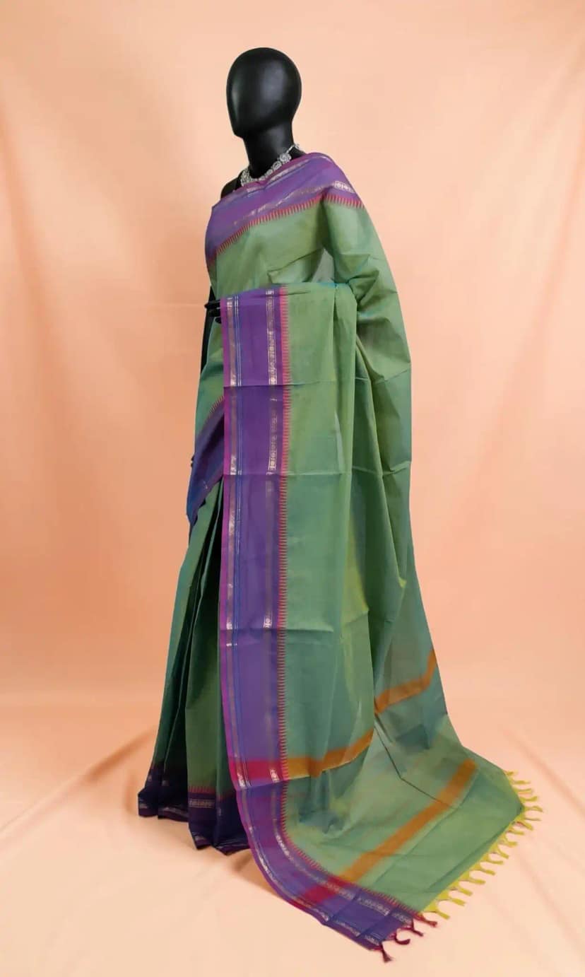 Sea Green Kanchipuram Cotton-Silk Handloom Saree with Woven Border view 2