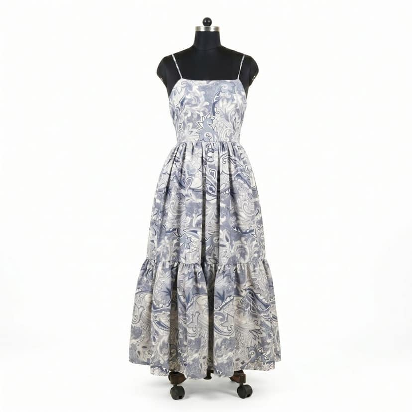 Blue and White Paisley Print Maxi Dress with Lace-Up Back