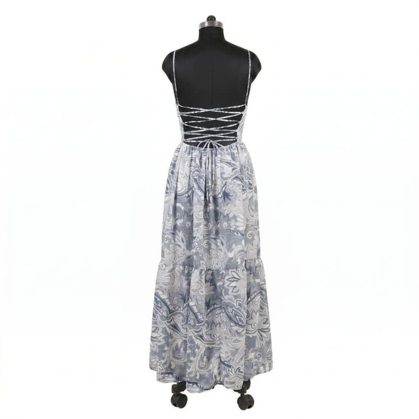 Blue and White Paisley Print Maxi Dress with Lace-Up Back view 2