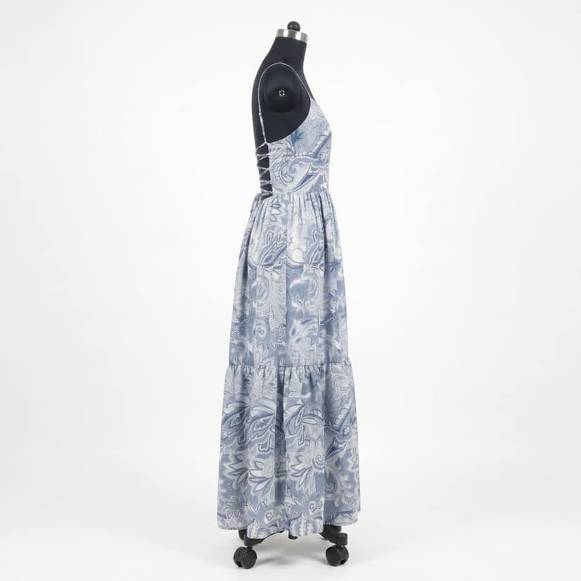 Blue and White Paisley Print Maxi Dress with Lace-Up Back view 3