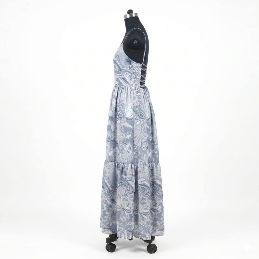 Blue and White Paisley Print Maxi Dress with Lace-Up Back view 4