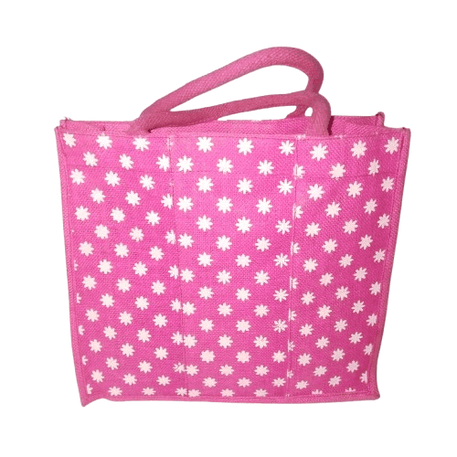 Pink Floral Jute Tote Bag with Double Handles and Magnetic Snap Closure